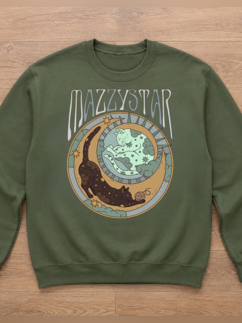 Military Green Mazzy Star Moon Cat Graphic Crewneck Sweatshirt For Unisex